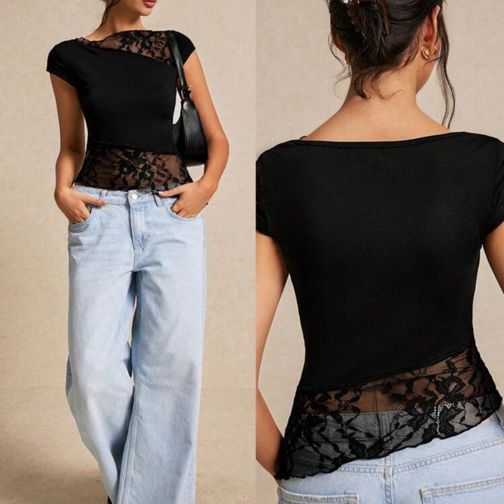 SHEIN Black Lace Detail Blouse